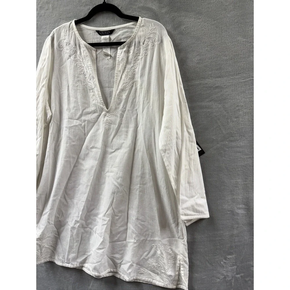 Lauren Ralph Lauren Womens White Embroidered Cotton Gauze Tunic Top L $125